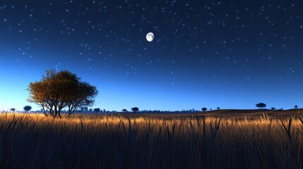 Canvas Print - A serene night landscape featuring a moonlit sky and a solitary tree amidst golden grass.