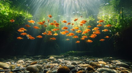 Canvas Print - Underwater scene with a school of orange fish swimming above pebbles and lush aquatic plants.