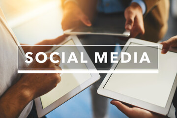 Poster - Business people, hands or social media with tablet screen for network, connection or communication at office. Closeup, employees or group with technology or overlay for data sharing, sync or transfer