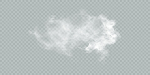 Poster - White fog or smoke isolated on transparent background. White clouds, fog or smog. special overlay effect. Vector PNG