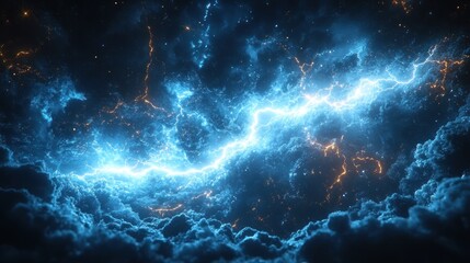 Wall Mural - a vibrant cosmic scene depicting electric blue lightning amidst dark clouds and glowing elements.