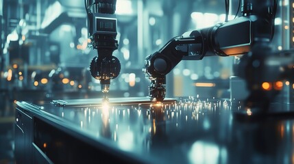 Poster - robotic arms welding metal with sparks in industrial environment