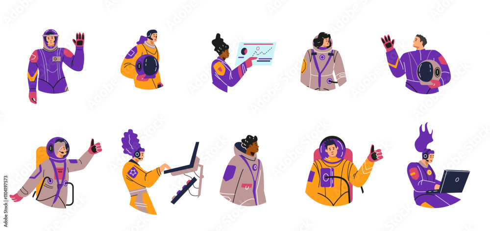 Vector set with male and female astronauts in spacesuits on a white ...