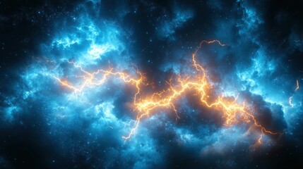 Wall Mural - a vibrant depiction of cosmic energy with blue clouds and orange lightning.