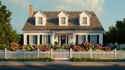 Wall Mural - A charming white house with a flower garden and picket fence, showcasing suburban beauty.