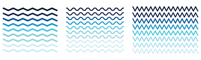Wavy, curvy lines. Simple undulate borders, transverse horizontal lines. Sine, fluid, air, wind signs. Water, river, lake, sea ocean symbol. Outline graphic illustration on a white background.