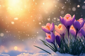 Wall Mural - Crocuses blooming under gentle snowfall in early spring