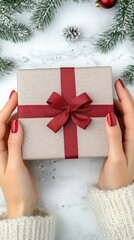 Wall Mural - Beautifully wrapped red gift box held among pine branches with festive decoration