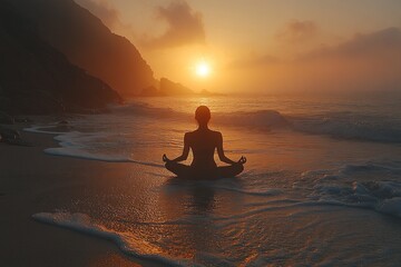 Canvas Print - A person meditating on a beach at sunset, surrounded by waves and mist.