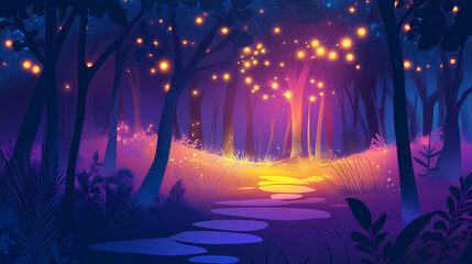 Canvas Print - Mystical magical enchanted forest at night with glowing lights. ai generative. Enchanted. Illustration