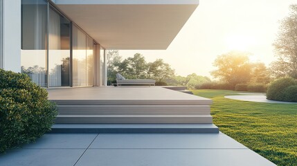 Wall Mural - Modern patio with steps, overlooking a green landscape at sunset.