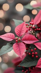 Wall Mural - Festive holiday decoration featuring red poinsettias and green foliage on a textured background