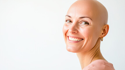 Wall Mural - Smiling caucasian young adult female with bald head and hoop earring