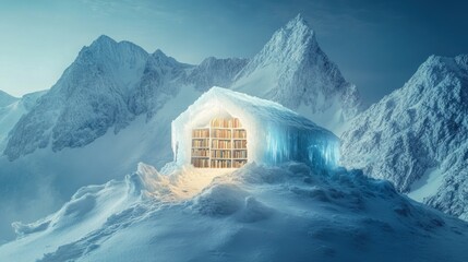 Canvas Print - An icy library nestled in snowy mountains, glowing warmly against the cold landscape.