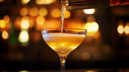 Canvas Print - Pouring a cocktail into a glass, illuminated by warm light, with a blurred bar background.