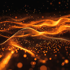 Fototapete - Abstract digital wave pattern with glowing particles. Dynamic abstract image of glowing particles forming wavy lines on a dark background.
