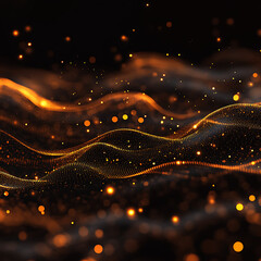 Fototapete - Abstract digital wave pattern with glowing particles. Dynamic abstract image of glowing particles forming wavy lines on a dark background.