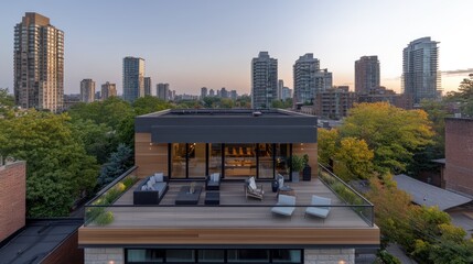 Canvas Print - A modern rooftop terrace with city skyline views during sunset.