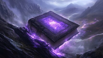 Canvas Print - A mystical book surrounded by ethereal energy in a dramatic mountainous landscape.