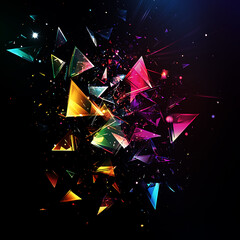 Fototapete - Abstract Colorful Geometric Shapes Exploding in Dark Background. A vibrant, dynamic image showcasing a multitude of colorful, geometric shapes, predominantly triangles, in a dark setting.
