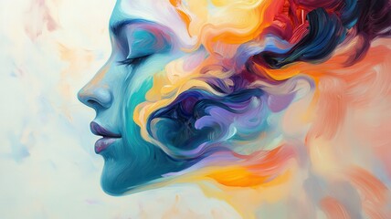 Wall Mural - A vibrant, abstract portrait of a woman, showcasing flowing colors that blend harmoniously, evoking emotion and creativity.