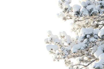 Poster - A snow-covered pine tree branch against a white background with copy space.