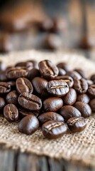 Sticker - Freshly roasted coffee beans arranged on burlap in a rustic setting with natural lighting