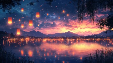 Canvas Print - A serene sunset over a lake, illuminated by floating lanterns against a mountain backdrop.