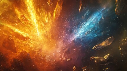 Wall Mural - A vibrant cosmic scene depicting fiery and cool colors with floating celestial elements.