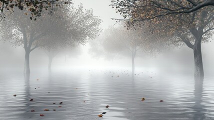 Wall Mural - A serene landscape of foggy water and trees, evoking tranquility and reflection.