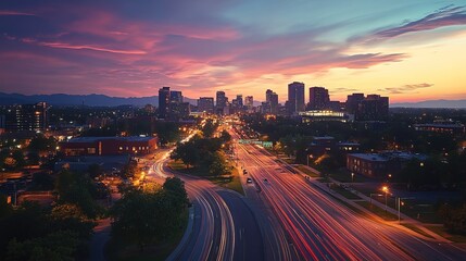 Sprawling cityscape at twilight with urban downtown buildings