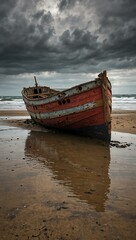 Naklejka na meble Antique wooden boat wreck on a beach, aged by time and weather.