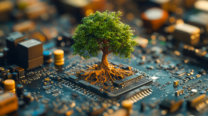 Wall Mural - tree growing from circuit board: symbol of nature and technology integration