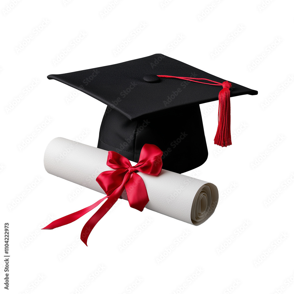 Graduation cap and diploma with red ribbon on transparent background ...