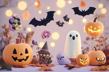 Canvas Print - a whimsical halloween illustration featuring cute pumpkins, ghosts, bats, and candy. the design incl
