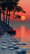 © Atmospheric stock - Serene sunset on rocky shore with red boat and tranquil waters