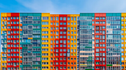 Colorful urban apartment buildings with blue sky background