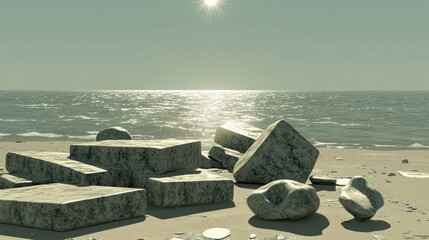 Wall Mural - A serene beach scene with large rocks and a shimmering ocean under a bright sun.