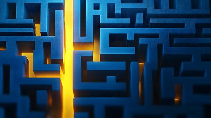 A labyrinth maze with a glowing yellow path on a blue background suggesting a concept of problem solving. 3D Rendering