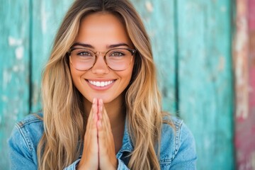 Wall Mural - Smiling young woman with glasses poses in front of a colorful wooden background