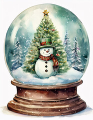 Wall Mural - A cheerful snowman stands amidst snow-covered trees inside a snow globe, ready to spread winter cheer