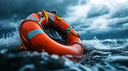 a vibrant orange lifebuoy floats on tumultuous seas, symbolizing safety and rescue amidst chaos, hig