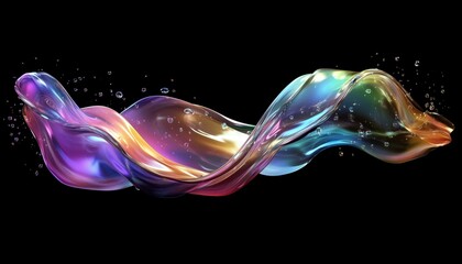 Poster - 3d Crystal Glass Liquid Wave With Refraction And Holographic Effect On Dark Background: Transparent Ribbon, Fluid Splash, Rainbow Gradient Flying In Motion. 3d Figure