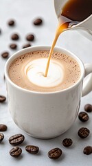 Sticker - Cream being poured into a freshly brewed cup of coffee with coffee beans scattered around