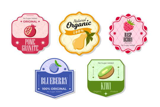Retro fruits banner and labels. Different juices stickers. Packaging tags with pomegranate, blueberry, kiwi, pear. Set of seasonal fruits labels stickers and marks or badges template for packaging