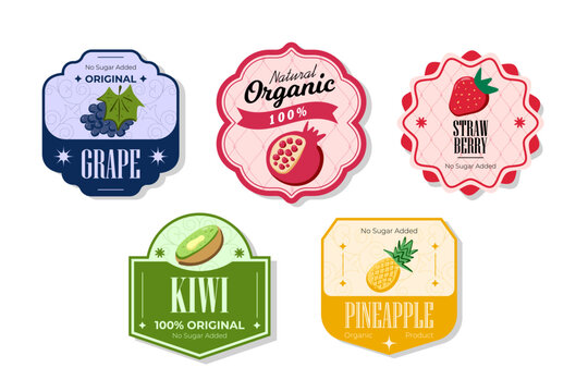 Retro fruits banner and labels. Different juices stickers. Packaging tags with pineapple, grape, kiwi, strawberry. Set of seasonal fruits labels stickers and marks or badges template for packaging