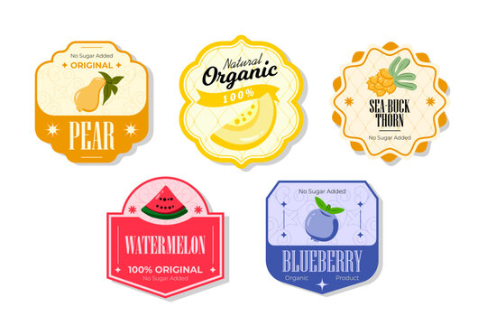 Retro fruits banner and labels. Different juices stickers. Packaging tags with blueberry, watermelon, seabuckthorn, pear. Set of seasonal fruits labels stickers and marks or badges template for packag