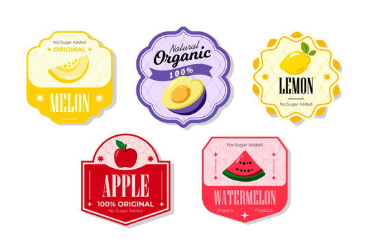 Different juices stickers. Packaging tags with watermelon, apple, lemon, melon. Set of seasonal fruits labels stickers and marks or badges template for packaging