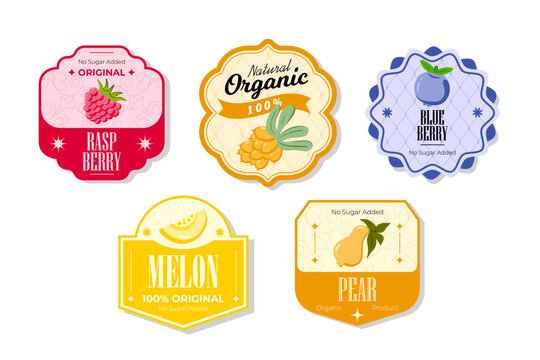 Retro fruits banner and labels. Different juices stickers. Packaging tags with melon, pear, blueberry, raspberry. Set of seasonal fruits labels stickers and marks or badges template for packaging