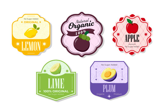Retro fruits banner and labels. Different juices stickers. Packaging tags with apple, plum, lime, lemon. Set of seasonal fruits labels stickers and marks or badges template for packaging